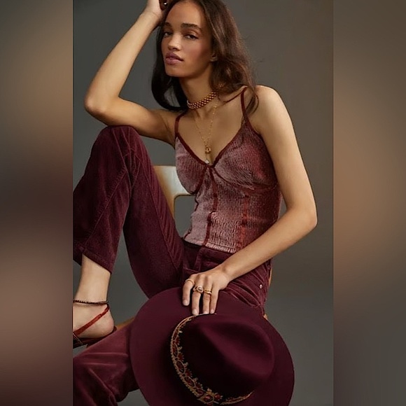 Anthro Blue Tassel Corset Seamed Cami Top Crushed Velvet Spaghetti Straps Large - Picture 2 of 12